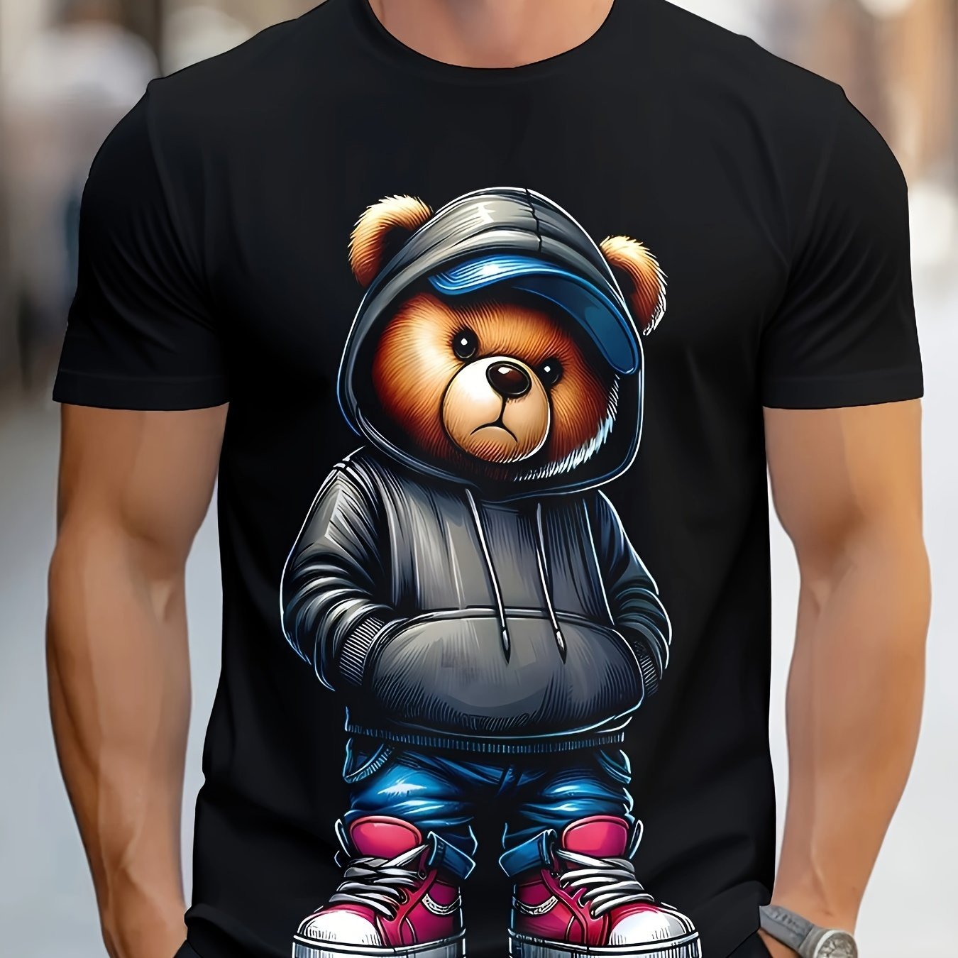 Men's Casual Geometric Bear Hat T-shirt Design - Polyester Knitted Fabric, Round Neck, Regular Style, Novel And Fashionable Clothing Black Apparel/Shirt/Graphic Shirt SNULLO https://www.cyberehub.com