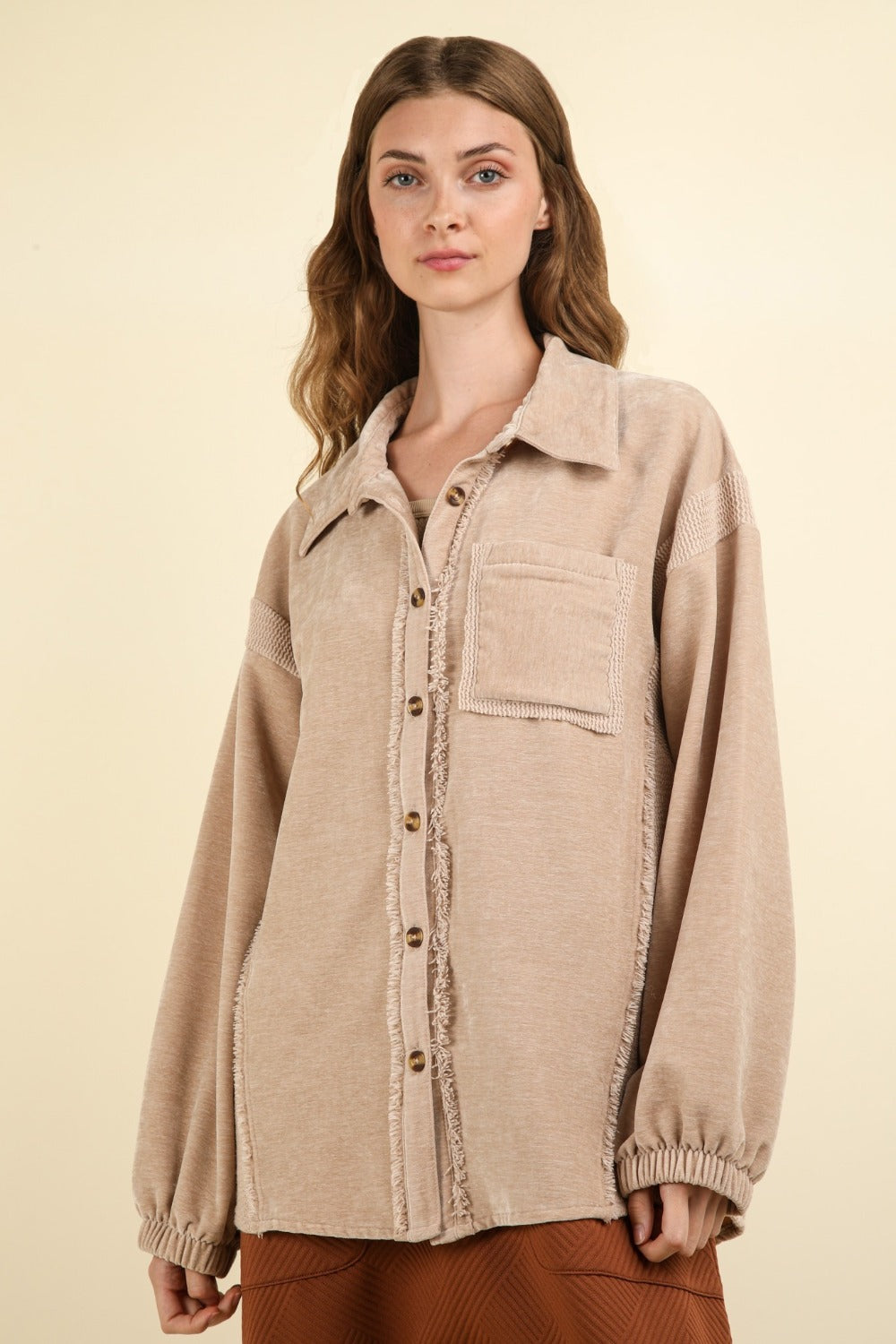 VERY J Mixed Media Button Down Raw Hem Shacket Shirt Apparel Clothing Tops price-change-job-active Ship from USA Shirts USA VERY J Women Trendsi https://www.cyberehub.com
