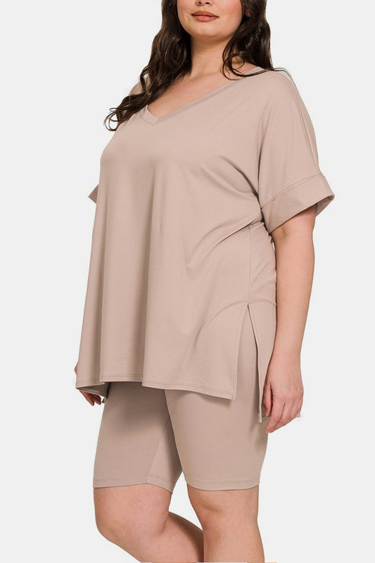 Zenana Full Size V-Neck Short Sleeve Slit T-Shirt and Shorts Set Tops/Jackets/Sweaters Clothing Tops Ship from USA TikTok Trendsi USPS Walmart Zenana Trendsi https://www.cyberehub.com