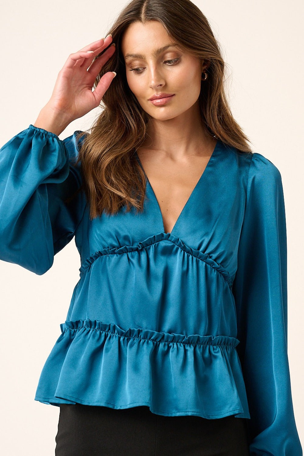 Mittoshop Satin V Neck Ruffled Tier Blouse Tops/Jackets/Sweaters Clothing Tops Mittoshop Ship from USA TikTok Trendsi USPS Walmart Trendsi https://www.cyberehub.com