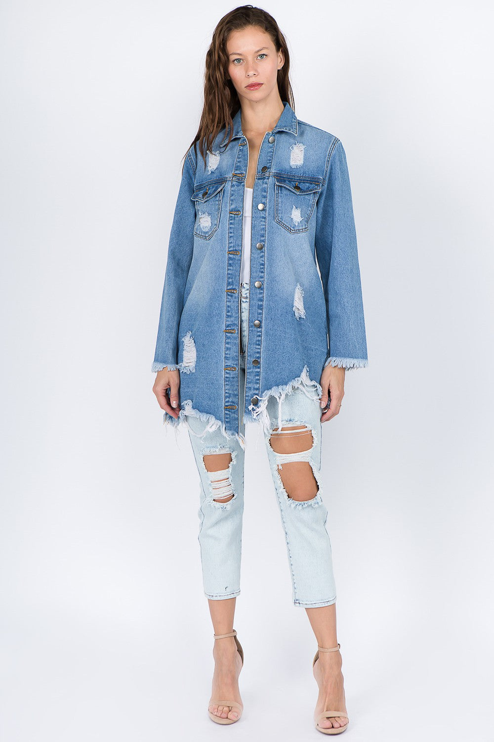 American Bazi Distressed Frayed Hem Denim Jacket Tops/Jackets/Sweaters American Bazi Clothing Tops Ship from USA TikTok Trendsi USPS Walmart Trendsi https://www.cyberehub.com