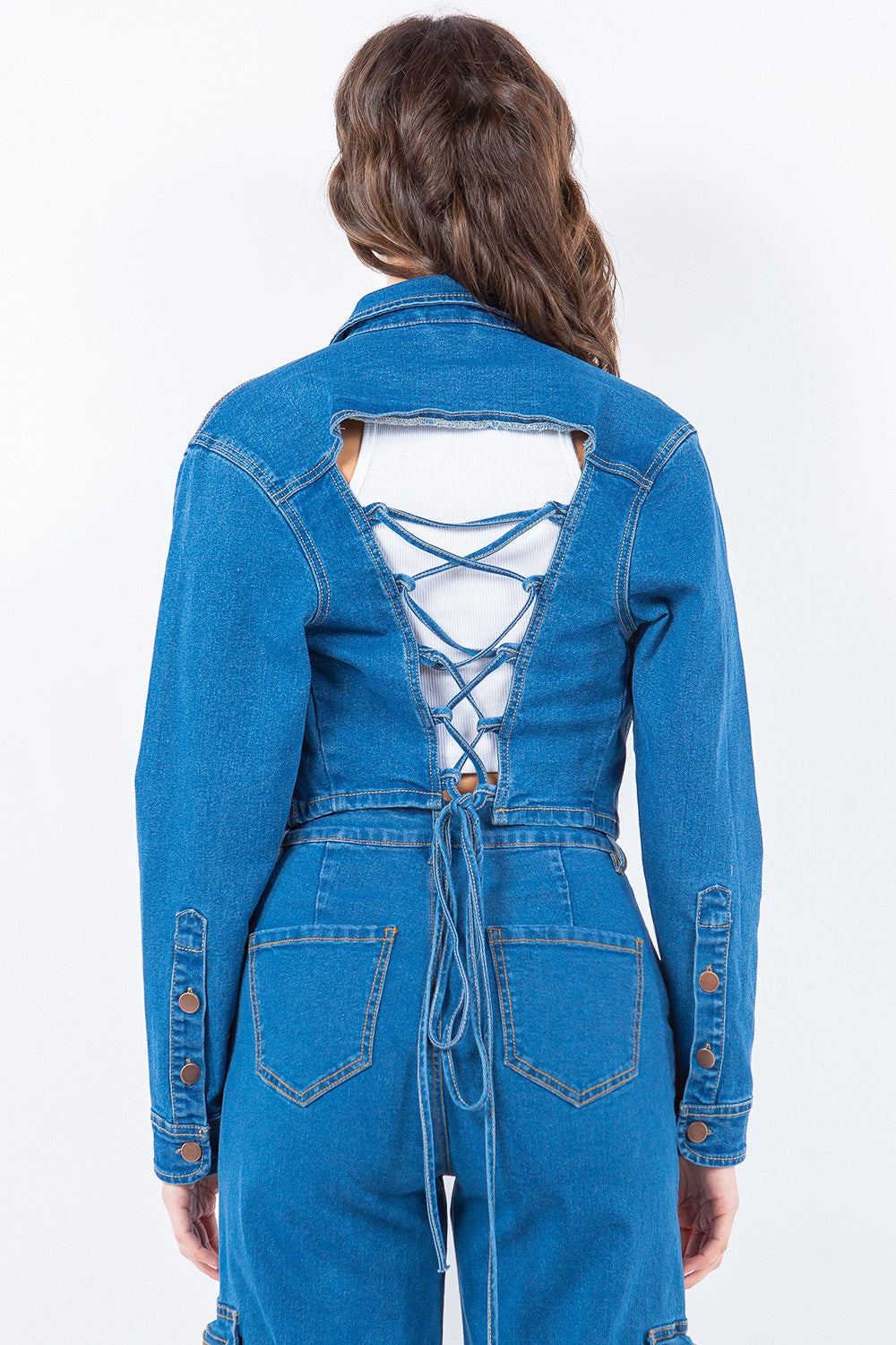 American Bazi Laced Back Cropped Denim Jacket Tops/Jackets/Sweaters American Bazi Clothing Tops Memorial Day Sale Ship from USA TikTok Trendsi USPS Walmart Trendsi https://www.cyberehub.com