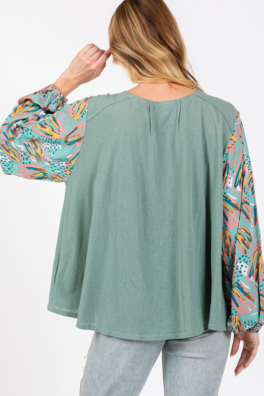 SAGE + FIG Ruched Round Neck Printed Bubble Sleeve Top Tops/Jackets/Sweaters Clothing Tops SAGE+FIG Ship from USA TikTok Trendsi USPS Walmart Trendsi https://www.cyberehub.com