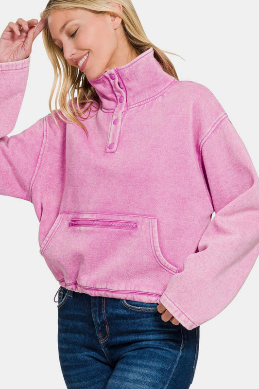 Zenana Acid Wash Fleece Half Snap Sweatshirt with Pocket Tops/Jackets/Sweaters Clothing Tops Ship from USA TikTok Trendsi USPS Walmart Zenana Trendsi https://www.cyberehub.com