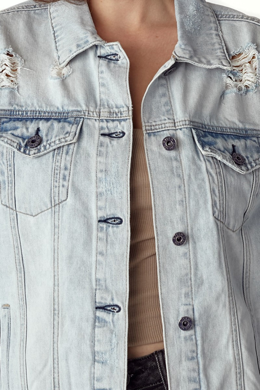 RISEN Distressed Button Up Jacket Shirt Apparel Clothing Tops RISEN Ship from USA Shirts USA Women Trendsi https://www.cyberehub.com