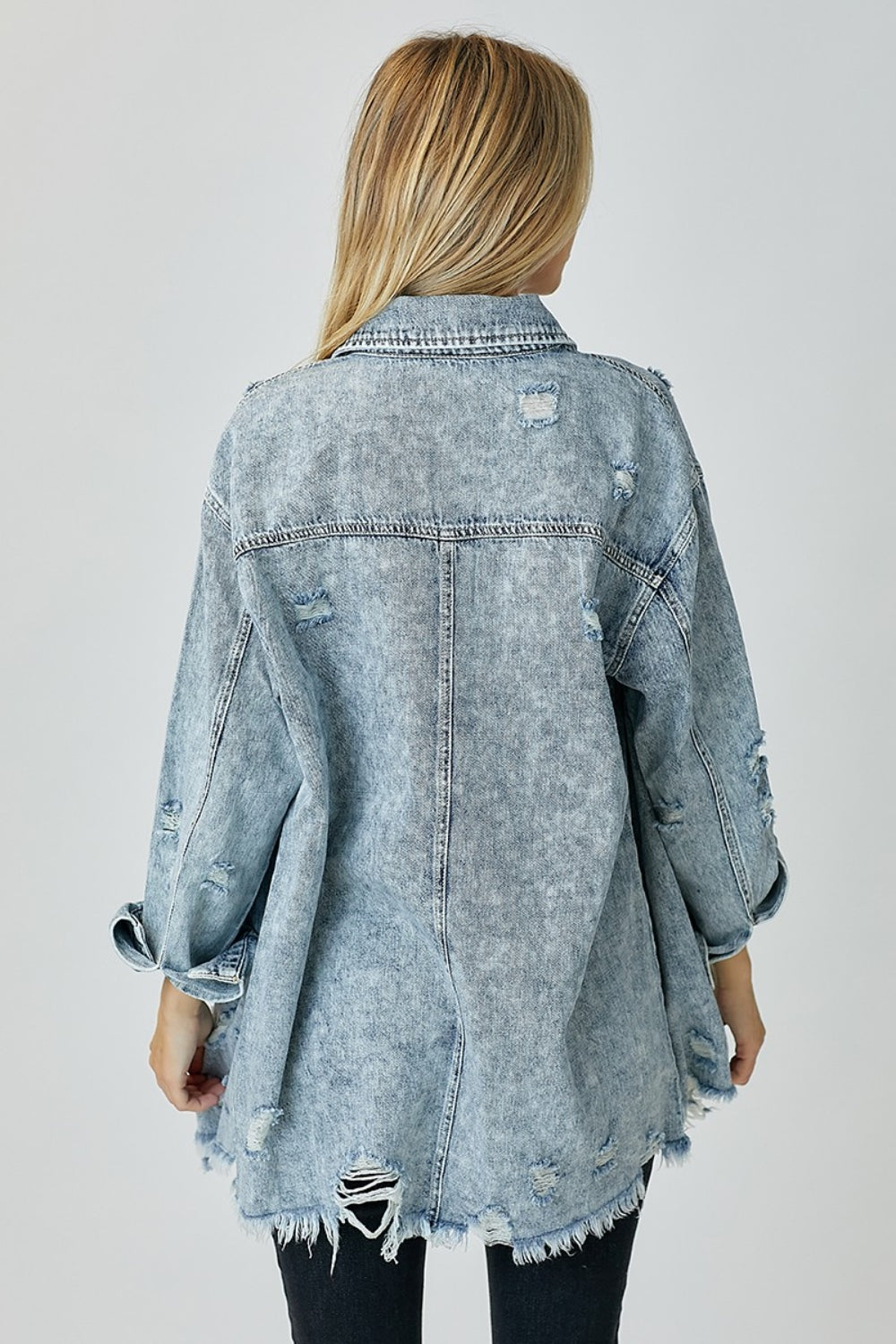 RISEN Distressed Raw Hem Denim Shirt Apparel/Tops RISEN Ship from USA TikTok Tops Trendsi USPS Walmart Walmart Apparel Trendsi https://www.cyberehub.com