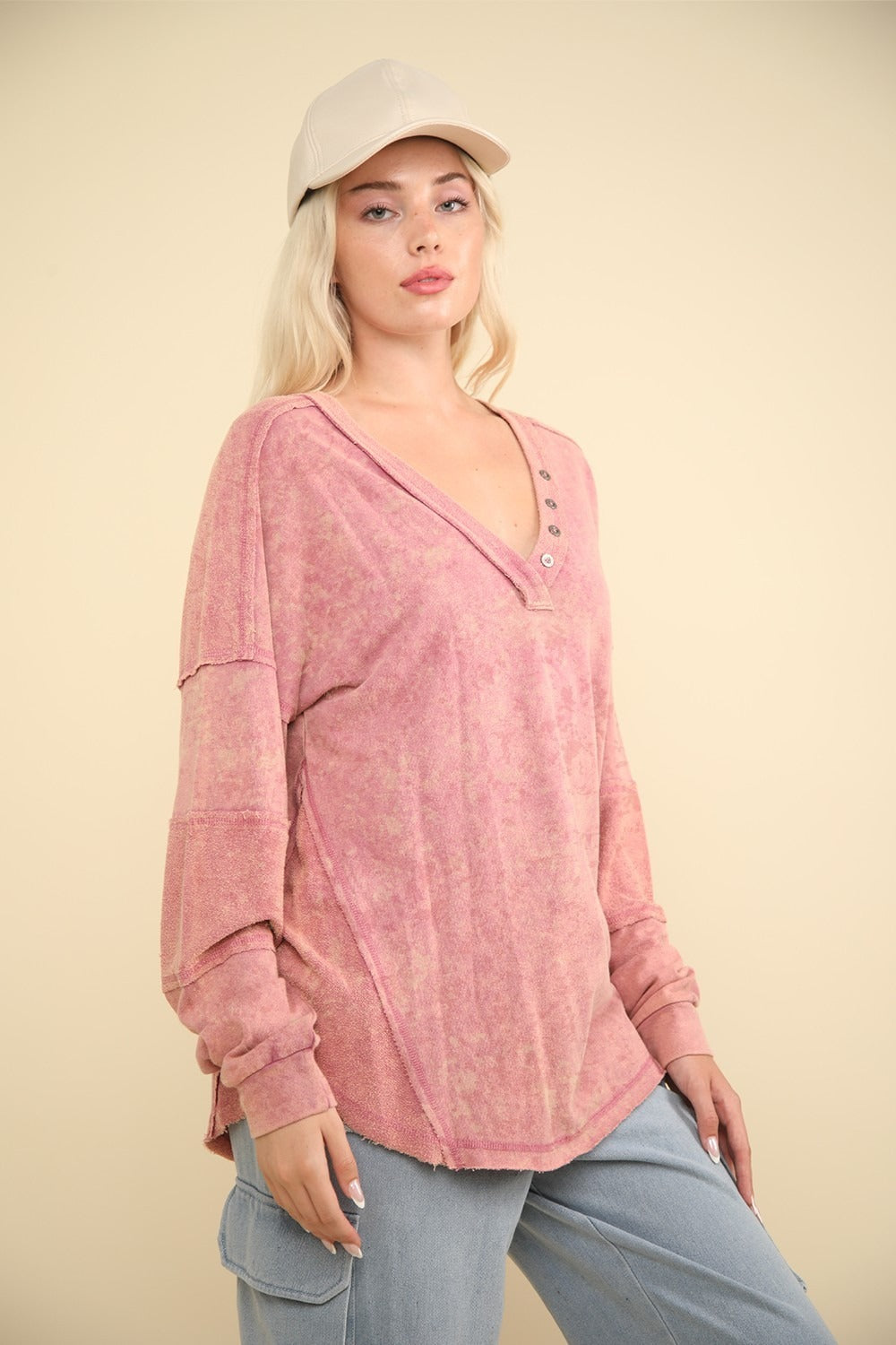 VERY J Washed V-Neck Exposed Seam Knit Top Shirt Apparel Clothing Tops price-change-job-active Ship from USA Shirts USA VERY J Women Trendsi https://www.cyberehub.com