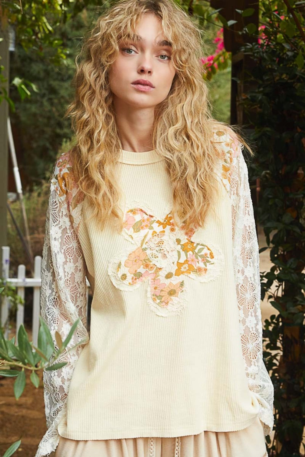 POL Flower Patch Lace Sleeve Knit Top Shirt Apparel Clothing Tops POL Ship from USA Shirts USA Women Trendsi https://www.cyberehub.com