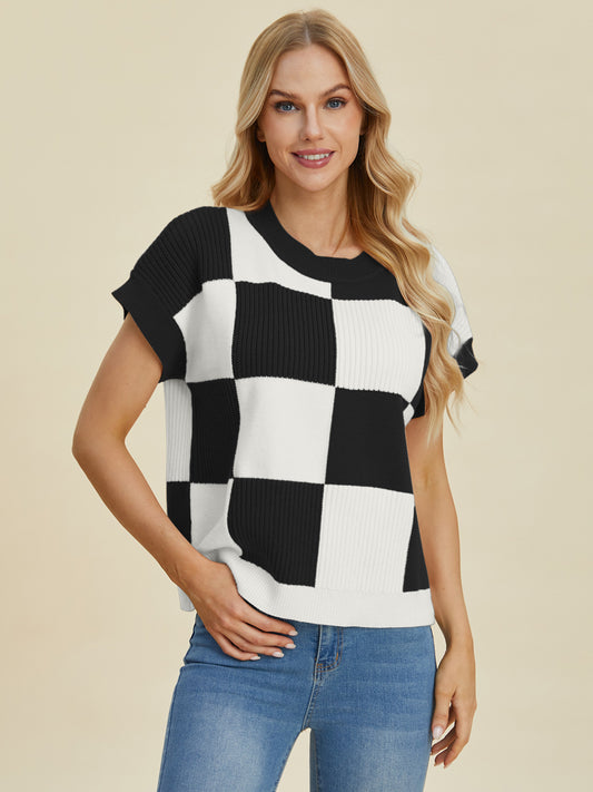 Double Take Full Size Checkered Round Neck Short Sleeve Sweater Shirt Apparel Clothing Tops Double Take Ship from USA Shirts USA Women Trendsi https://www.cyberehub.com