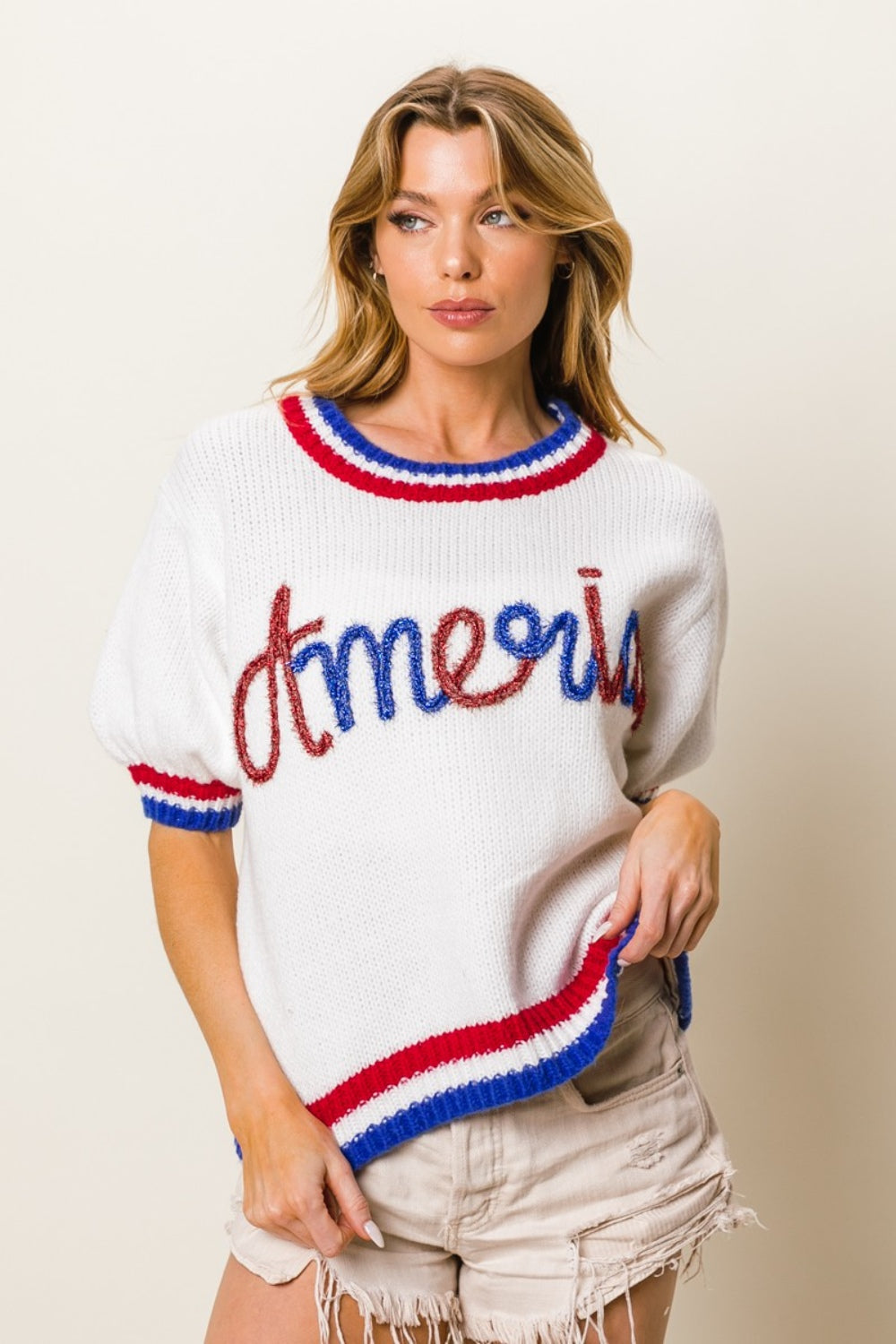BiBi Metallic America Letter Short Sleeve Sweater Shirt Apparel BiBi Clothing Tops Mother's Day Sale Ship from USA Shirts USA Women Trendsi https://www.cyberehub.com