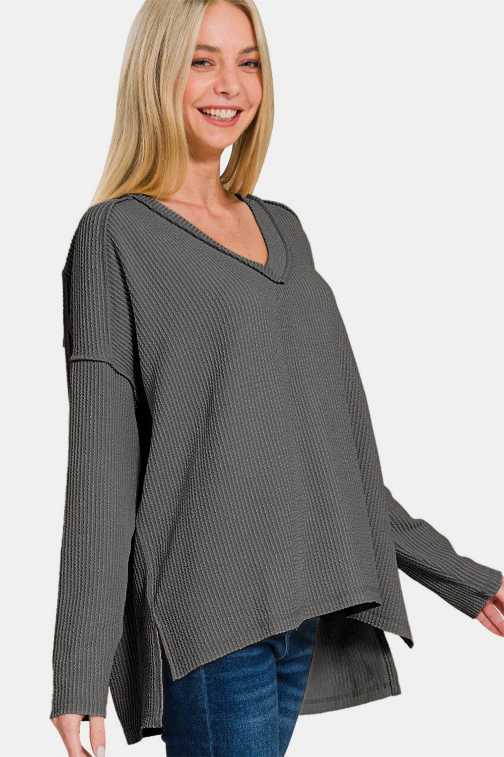 Zenana Texture Exposed Seam V-Neck Long Sleeve T-Shirt Apparel/Tops Ship from USA TikTok Tops Trendsi USPS Walmart Walmart Apparel Zenana Trendsi https://www.cyberehub.com