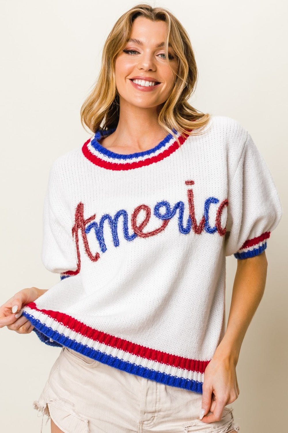 BiBi Metallic America Letter Short Sleeve Sweater Shirt Apparel BiBi Clothing Tops Mother's Day Sale Ship from USA Shirts USA Women Trendsi https://www.cyberehub.com