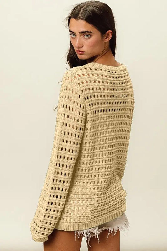 BiBi Round Neck Openwork Knit Cover Up Shirt Apparel BiBi Clothing Tops Ship from USA Shirts USA Women Trendsi https://www.cyberehub.com