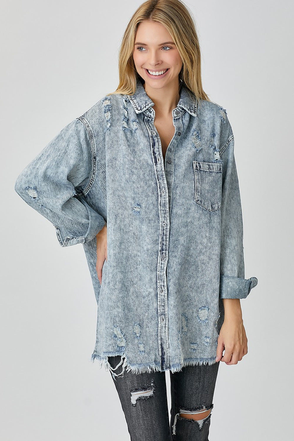 RISEN Distressed Raw Hem Denim Shirt Acid Light Apparel/Tops RISEN Ship from USA TikTok Tops Trendsi USPS Walmart Walmart Apparel Trendsi https://www.cyberehub.com