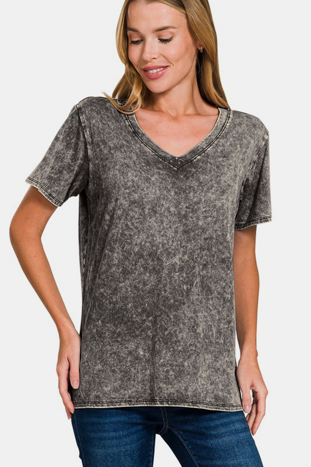 Zenana Full Size Washed Short Sleeve V-Neck T-Shirt Dark Gray Apparel/Tops Ship from USA TikTok Tops Trendsi USPS Walmart Walmart Apparel Zenana Trendsi https://www.cyberehub.com