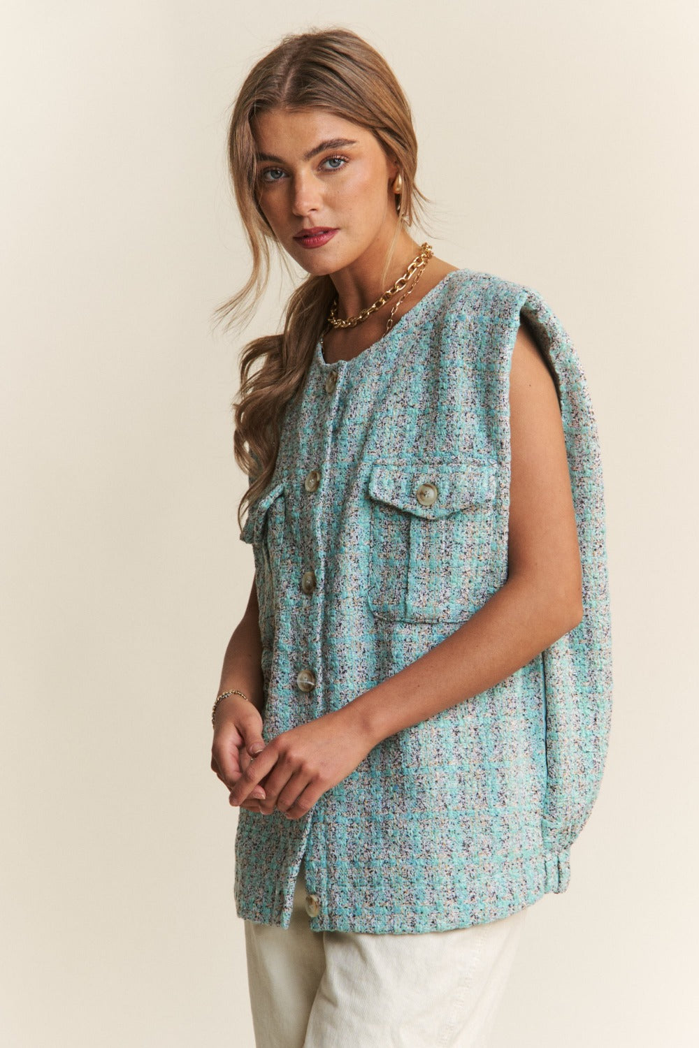 J.NNA Frayed Tweed Padded Shoulder Vest Shirt Apparel Clothing Tops J.NNA Ship from USA Shirts USA Women Trendsi https://www.cyberehub.com