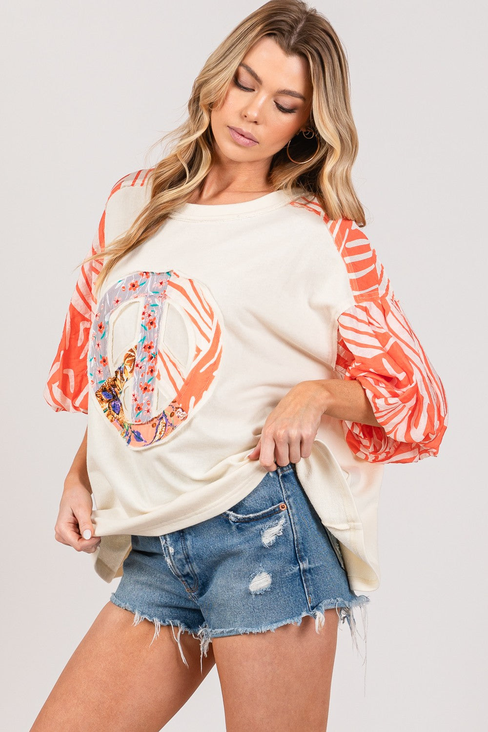 SAGE + FIG Peace Applique Patch with Zebra Print Contrast Top Tops/Jackets/Sweaters Clothing Tops SAGE+FIG Ship from USA TikTok Trendsi USPS Walmart Trendsi https://www.cyberehub.com