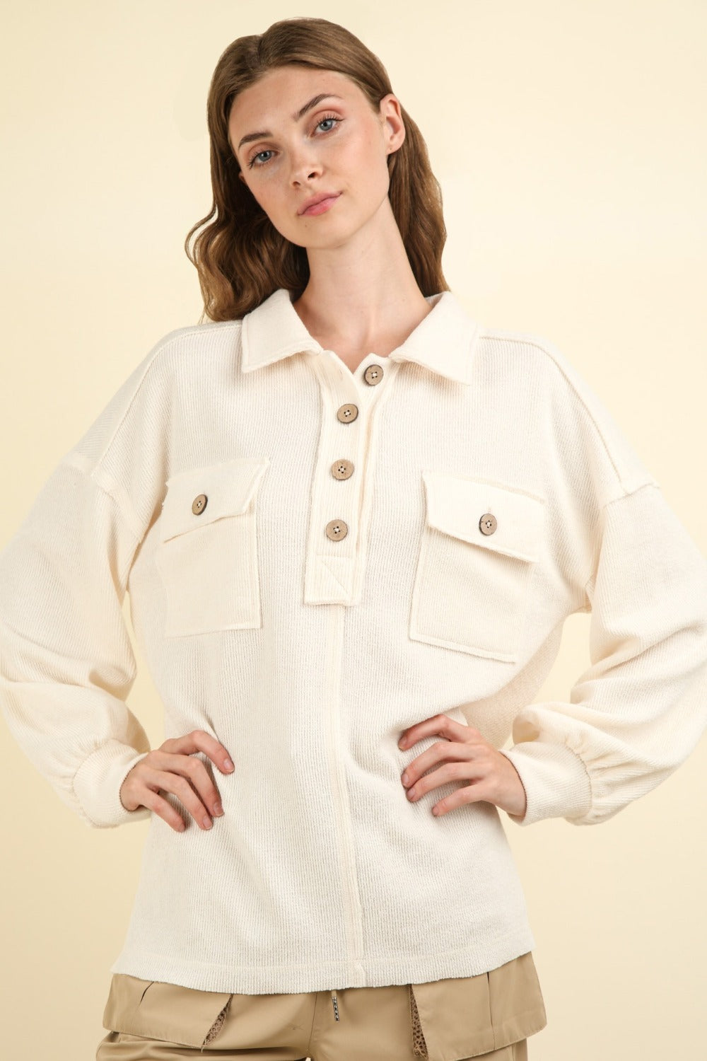 VERY J Collared Half Button Knit Top with Pockets Shirt Apparel Clothing Tops price-change-job-active Ship from USA Shirts USA VERY J Women Trendsi https://www.cyberehub.com