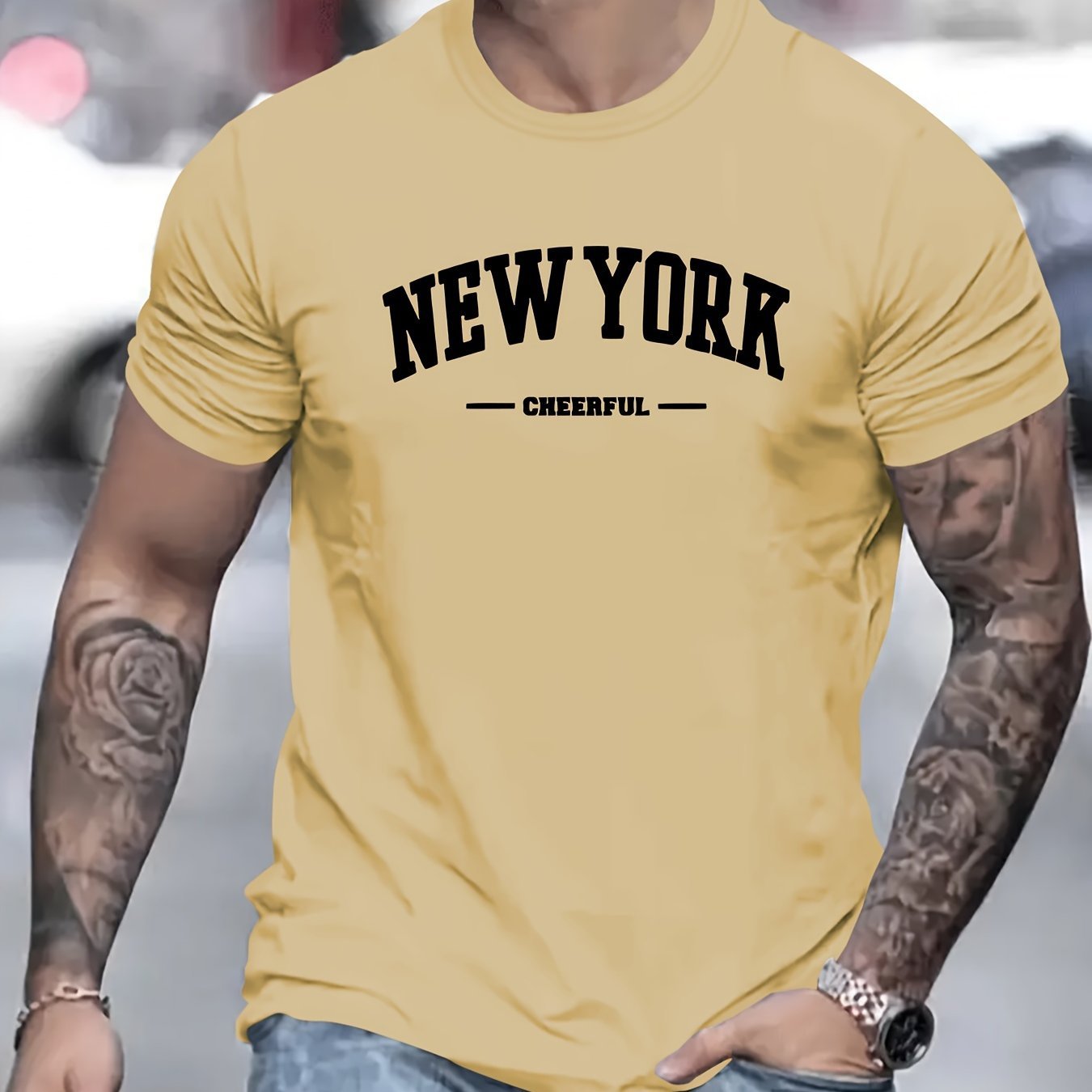 Men's New York Creative Printed Casual Novelty T-shirt, Short Sleeved Summer&spring Top, Comfortable Fit, Fashionable Street Casual Round Neck T-shirt, Suitable For Daily Wear Apricot Apparel/Shirt/Graphic Shirt SNULLO https://www.cyberehub.com