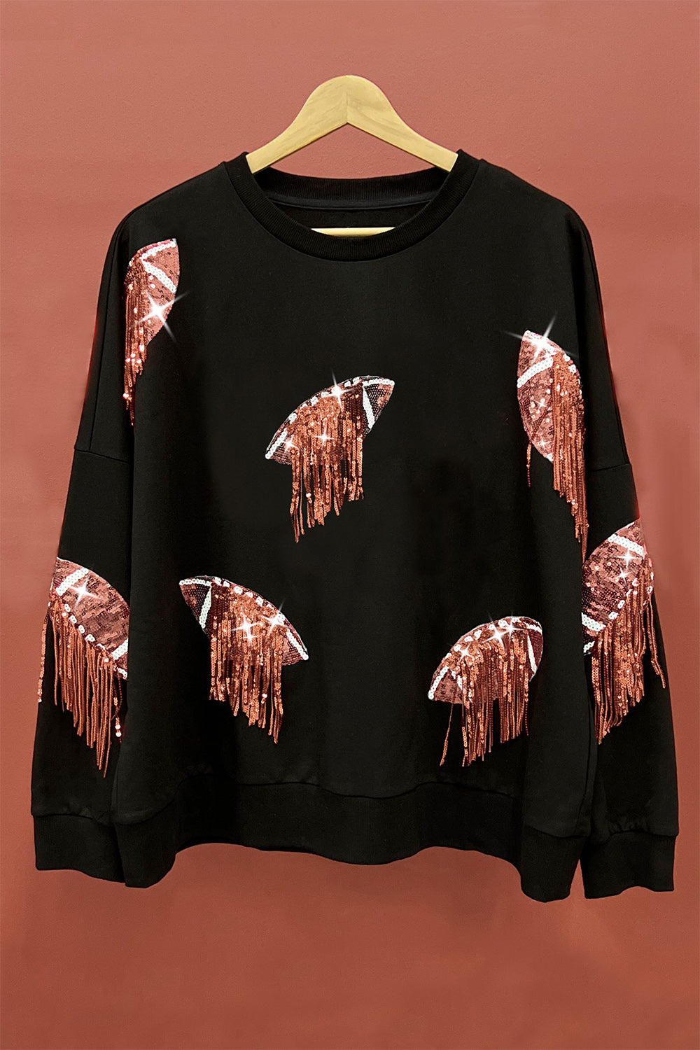 BiBi Sequin Fringe Football Patch Round Neck Sweatshirt Tops/Jackets/Sweaters BiBi Clothing Tops Ship from USA TikTok Trendsi USPS Walmart Trendsi https://www.cyberehub.com