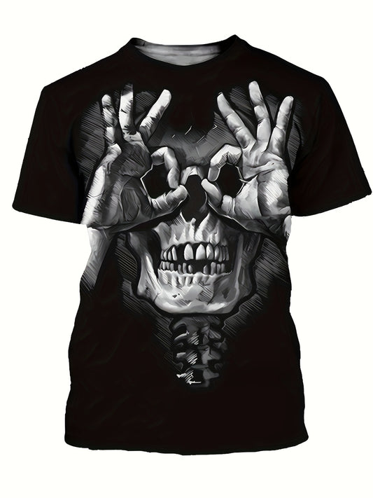 Creative Skull Print T-shirt, Men's Casual Street Style Elastic Round Neck T-shirt, Suitable For Summer Apparel/Shirt/Graphic Shirt SNULLO https://www.cyberehub.com