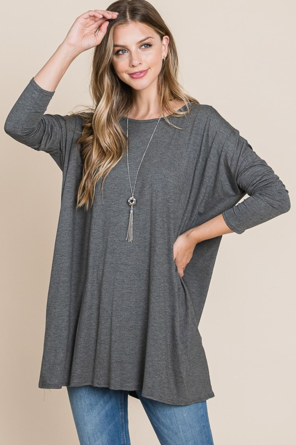 BOMBOM Round Neck Long Sleeve Oversized Top Charcoal Tops/Jackets/Sweaters BOMBOM Clothing Tops Ship from USA TikTok Trendsi USPS Walmart Trendsi https://www.cyberehub.com