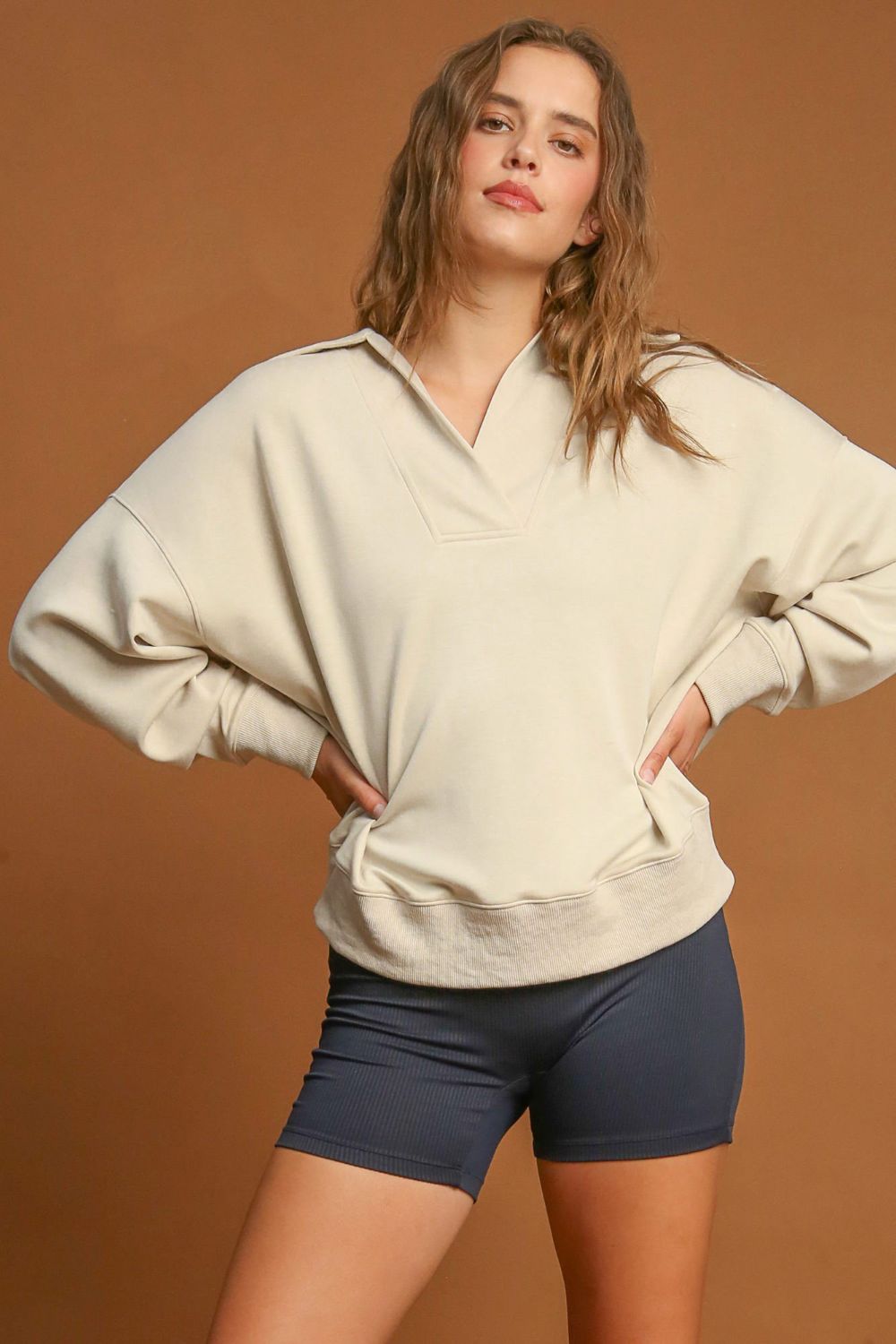 Umgee Johnny Collar Dropped Shoulder Sweatshirt Apparel/Tops Ship from USA TikTok Tops Trendsi Umgee USA USPS Walmart Walmart Apparel Trendsi https://www.cyberehub.com