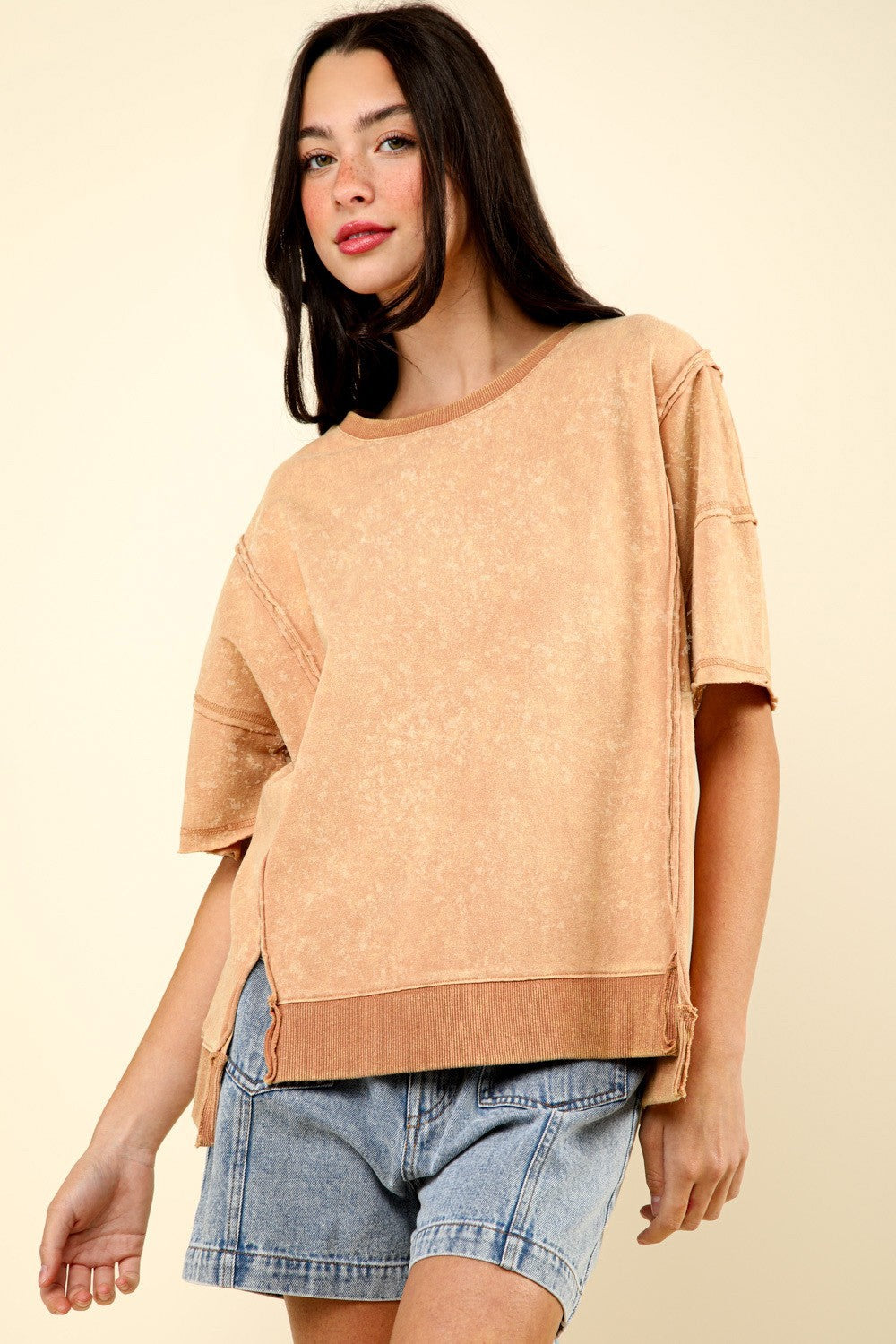 VERY J Round Neck Exposed Seam Slit T-Shirt Mocha Tops/Jackets/Sweaters Clothing Tops Ship from USA TikTok Trendsi USPS VERY J Walmart Trendsi https://www.cyberehub.com