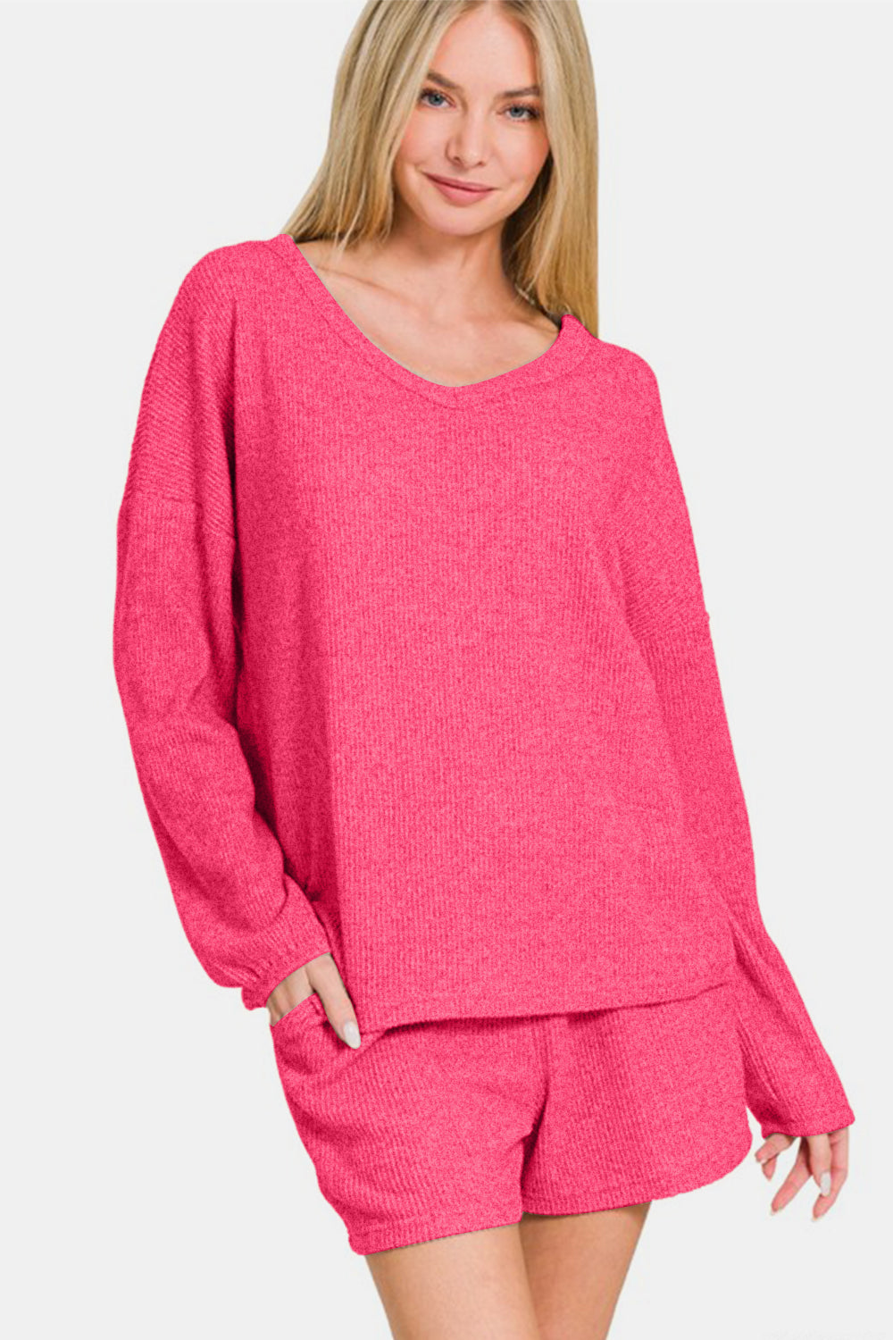 Zenana V-Neck Long Sleeve Ribbed Top and Shorts Set Apparel/Tops Ship from USA TikTok Tops Trendsi USPS Walmart Walmart Apparel Zenana Trendsi https://www.cyberehub.com