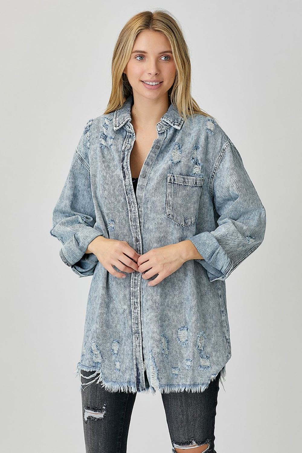 RISEN Distressed Raw Hem Denim Shirt Apparel/Tops RISEN Ship from USA TikTok Tops Trendsi USPS Walmart Walmart Apparel Trendsi https://www.cyberehub.com