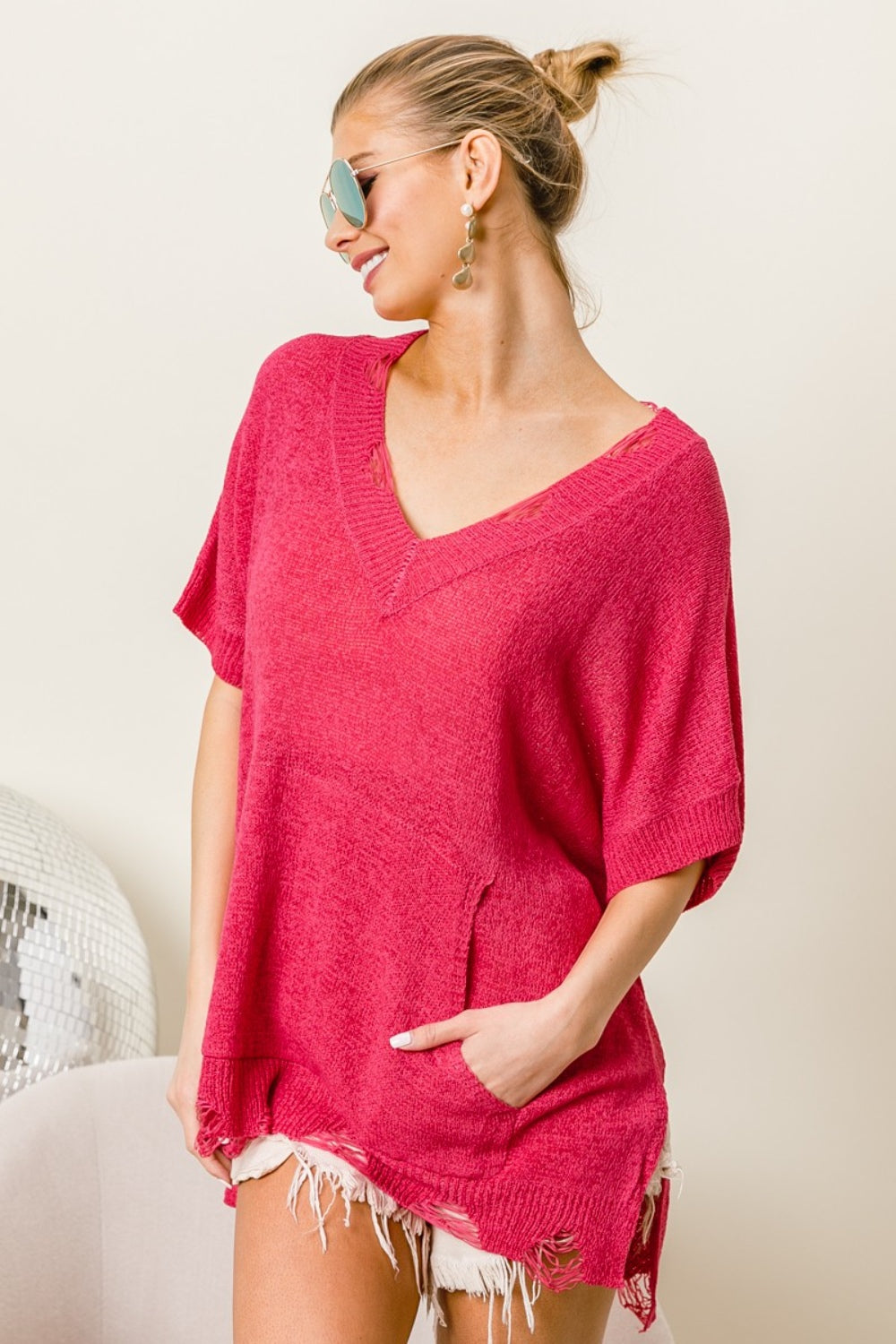 BiBi Distressed Hem V-Neck Slit Sweater Tops/Jackets/Sweaters BiBi Clothing Tops Memorial Day Sale Ship from USA TikTok Trendsi USPS Walmart Trendsi https://www.cyberehub.com