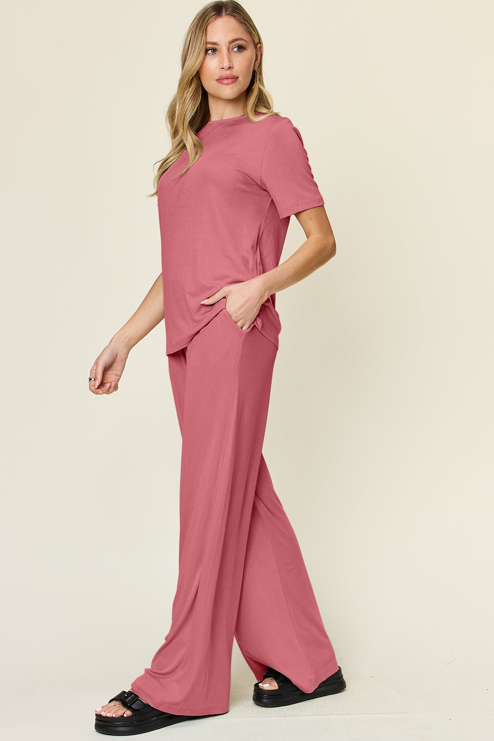 Double Take Full Size Round Neck Short Sleeve T-Shirt and Wide Leg Pants Set Apparel/Tops Double Take Ship from USA TikTok Tops Trendsi USPS Walmart Walmart Apparel Trendsi https://www.cyberehub.com