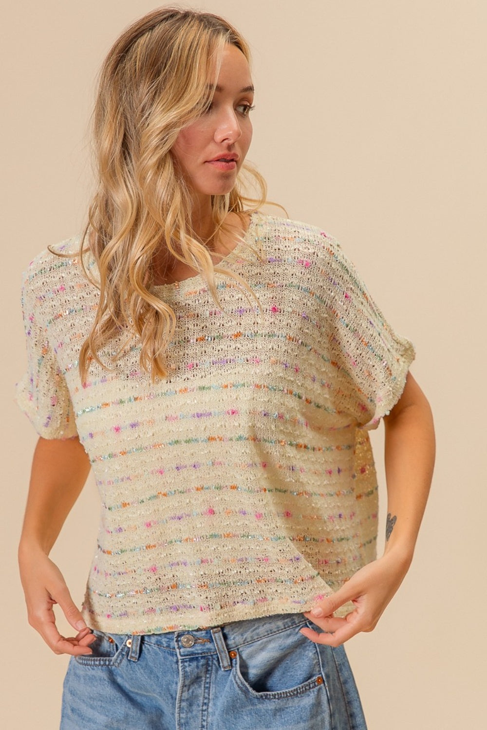 BiBi Striped Popcorn Knit Top Shirt Apparel BiBi Clothing Tops Ship from USA Shirts USA Women Trendsi https://www.cyberehub.com