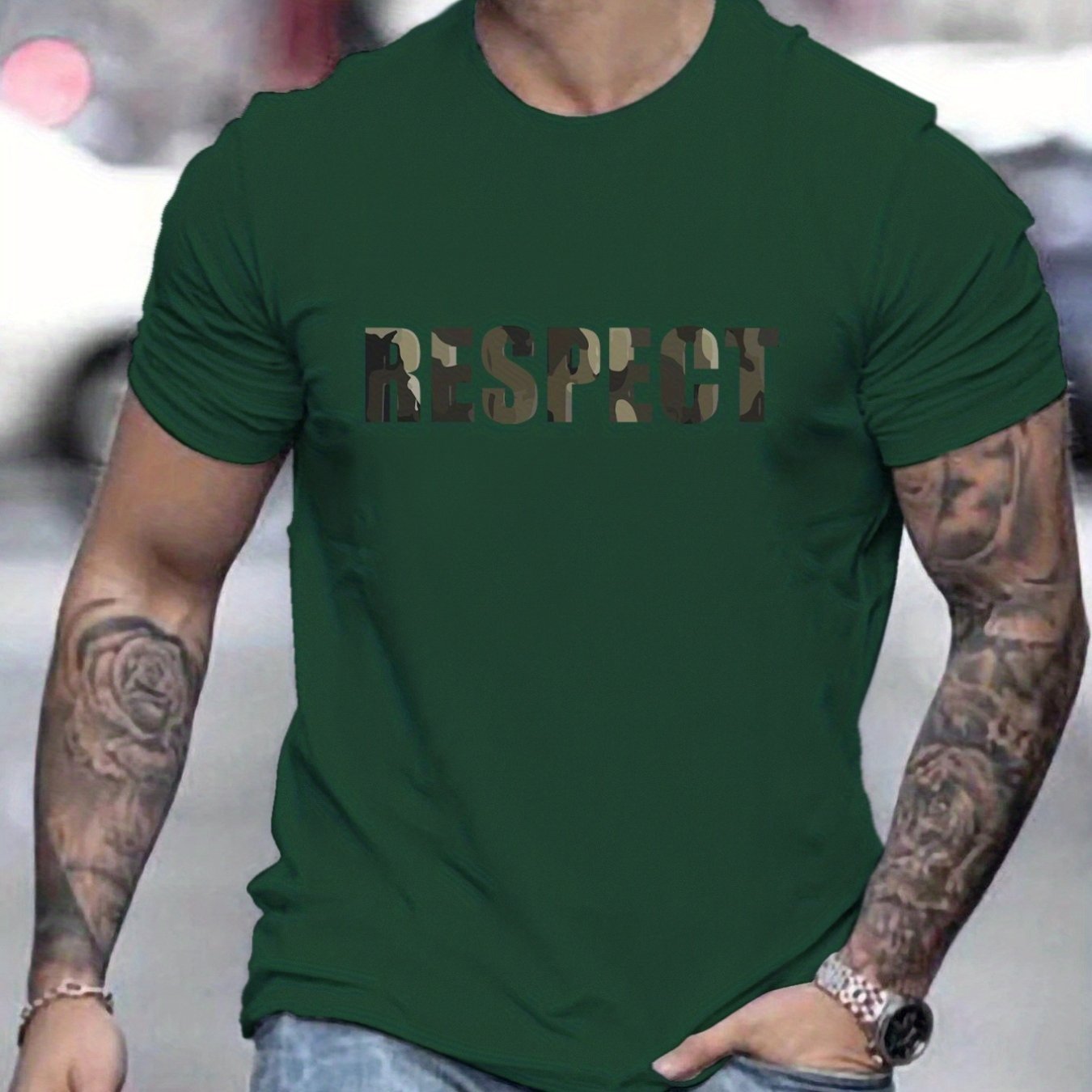 Letter RESPECT Pattern Printed Men's T-shirt, Patterned T-shirt Men's Summer Clothing, Men's Clothing Dark green Apparel/Shirt/Graphic Shirt SNULLO https://www.cyberehub.com