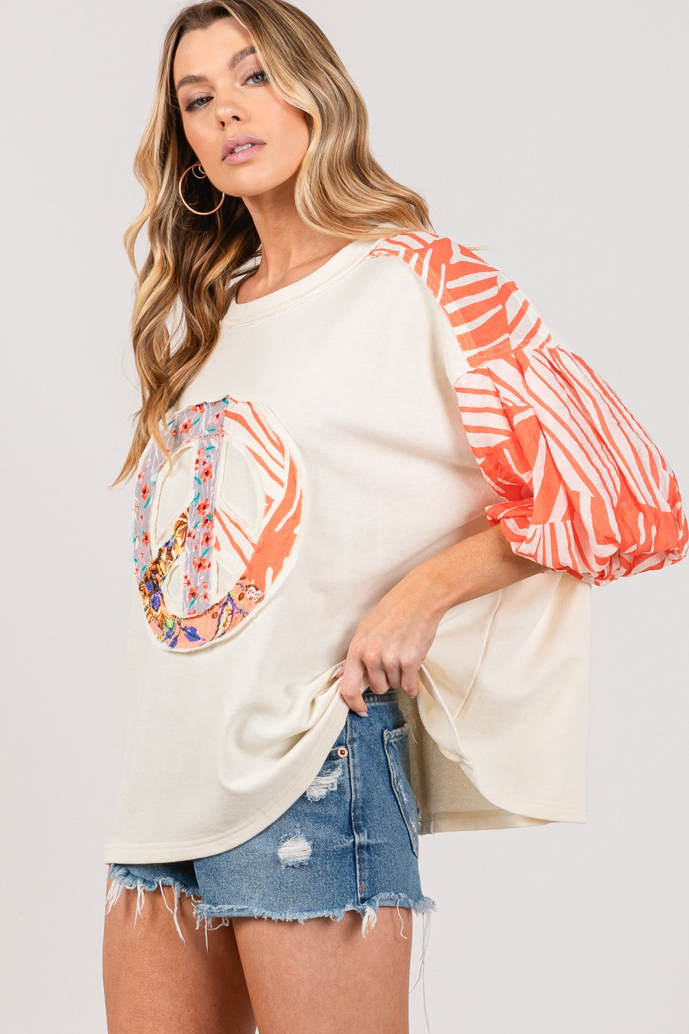 SAGE + FIG Peace Applique Patch with Zebra Print Contrast Top Tops/Jackets/Sweaters Clothing Tops SAGE+FIG Ship from USA TikTok Trendsi USPS Walmart Trendsi https://www.cyberehub.com