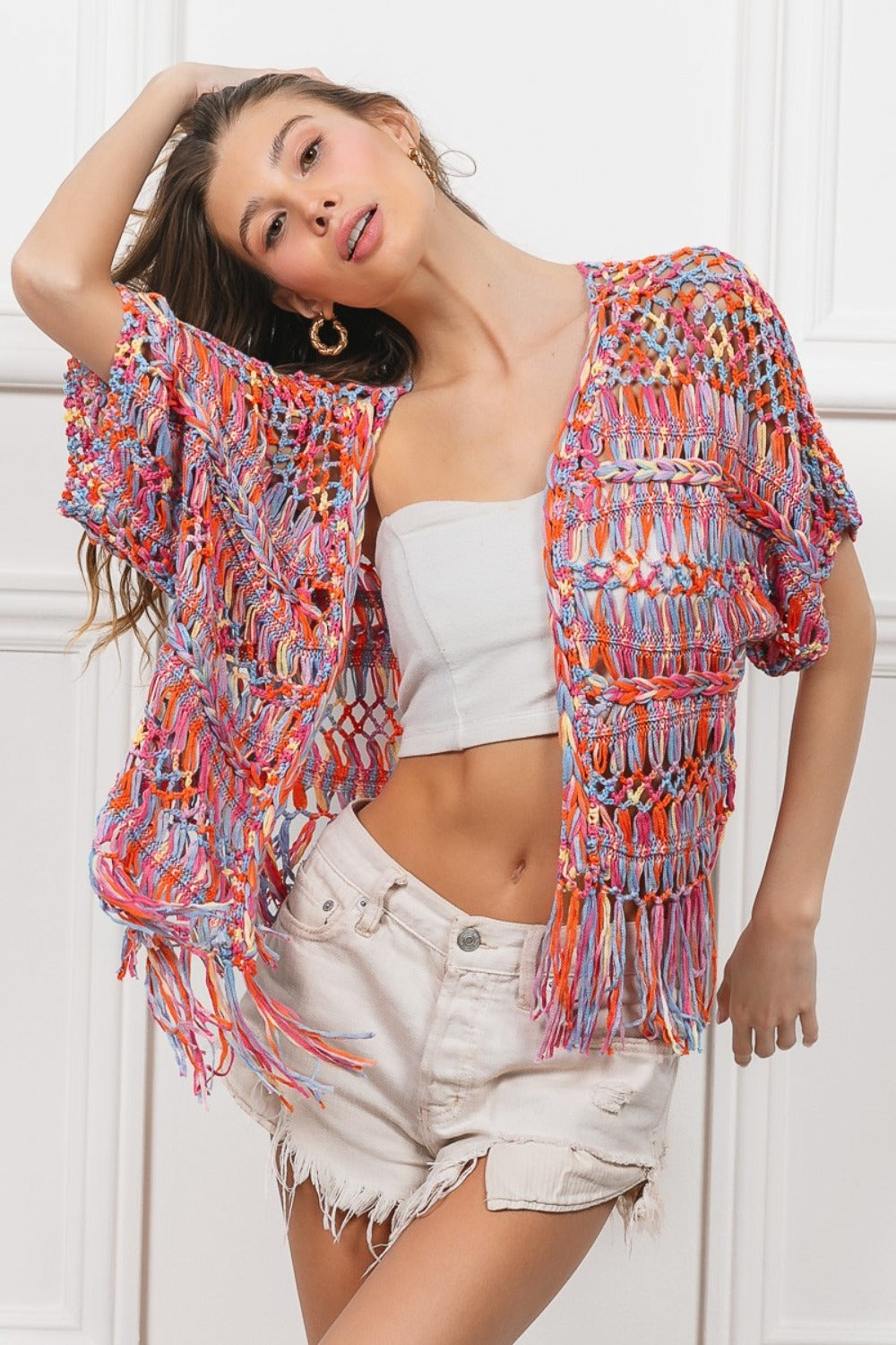 BiBi Open Front Fringed Crop Knit Cardigan Shirt Apparel BiBi Clothing Tops Ship from USA Shirts USA Women Trendsi https://www.cyberehub.com
