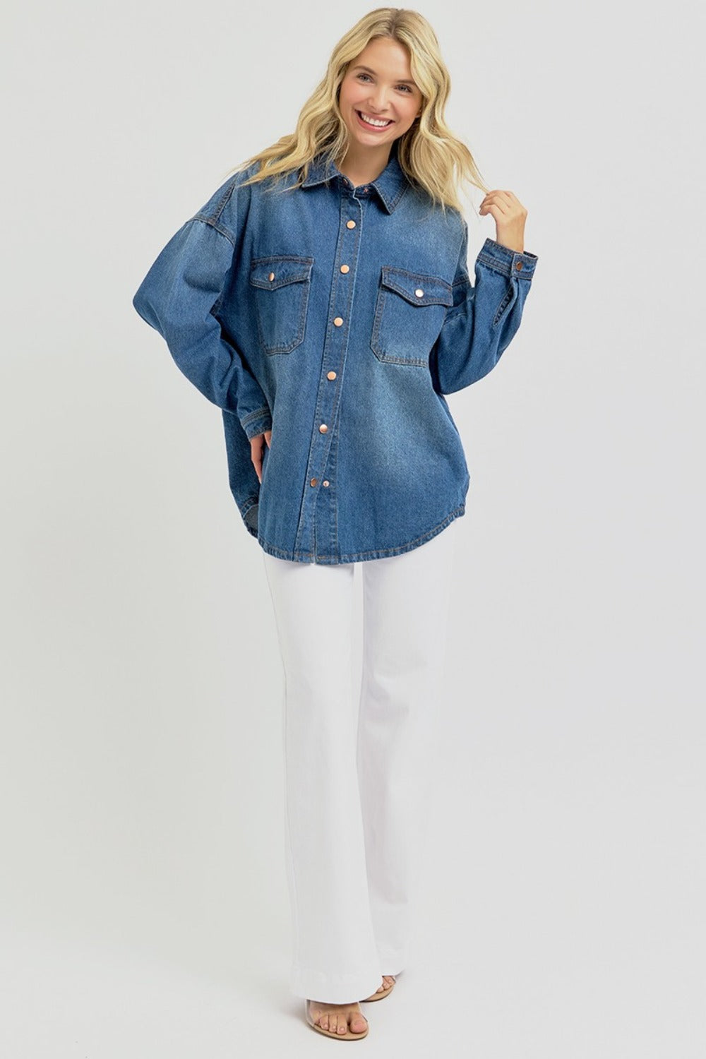 RISEN Full Size Snap Down Long Sleeve Denim Shacket Tops/Jackets/Sweaters Clothing Tops RISEN Ship from USA TikTok Trendsi USPS Walmart Trendsi https://www.cyberehub.com