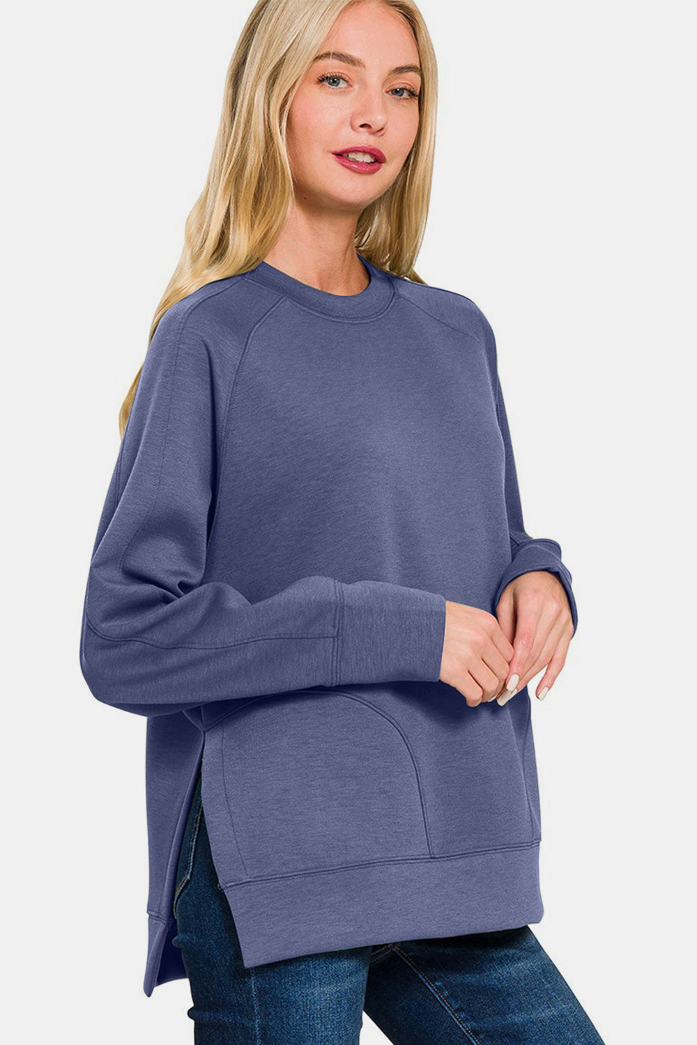 Zenana Scuba Round Neck Side Slit Sweatshirt Tops/Jackets/Sweaters Clothing Tops Ship from USA TikTok Trendsi USPS Walmart Zenana Trendsi https://www.cyberehub.com