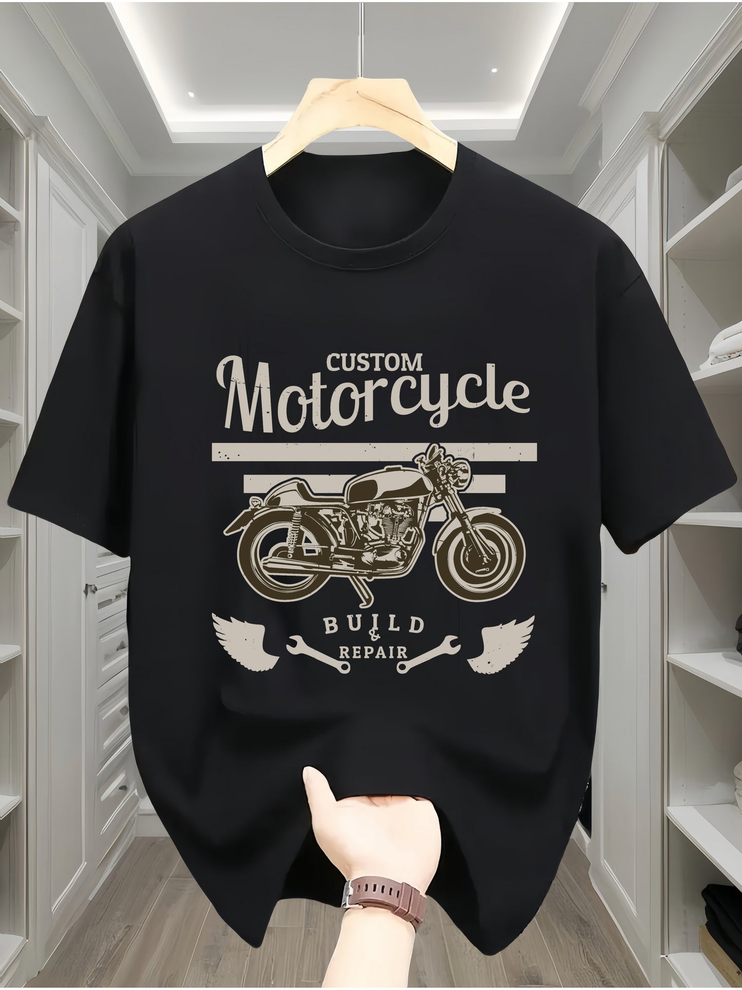 Casual Round Neck T-shirt With Motorcycle Pattern, Geometric Pattern, Short Sleeved Knitted Fabric, Comfortable All Season Wear, Regular Teenage Style - Motorcycle Letter Print Design Apparel/Shirt/Graphic Shirt SNULLO https://www.cyberehub.com