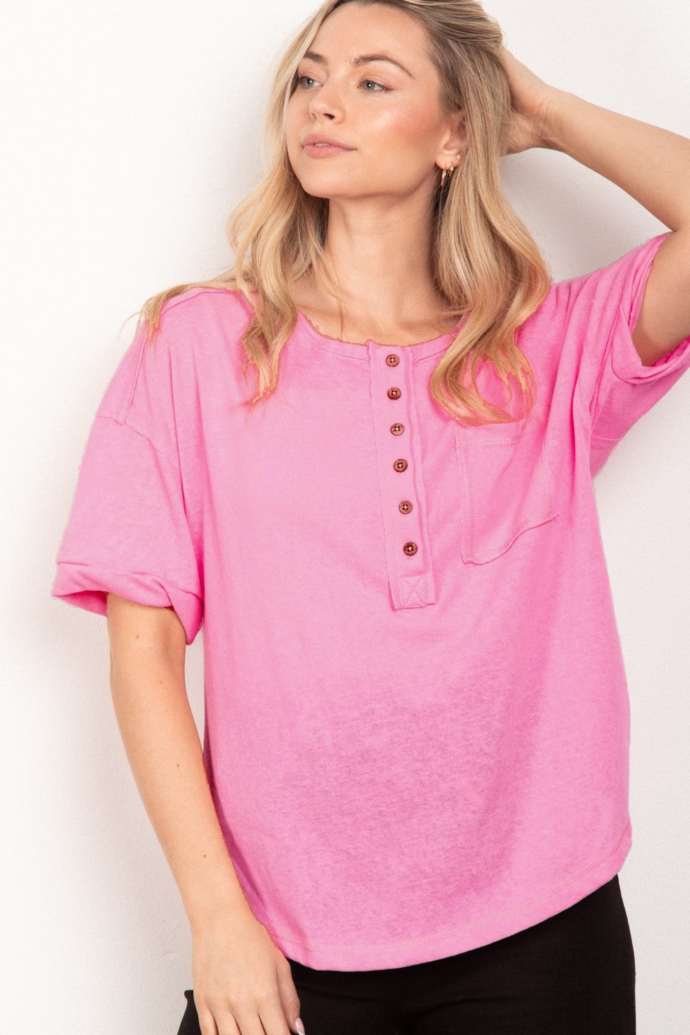 VERY J Twisted Sleeve Band Half Button Top Tops/Jackets/Sweaters Clothing Tops Ship from USA TikTok Trendsi USPS VERY J Walmart Trendsi https://www.cyberehub.com