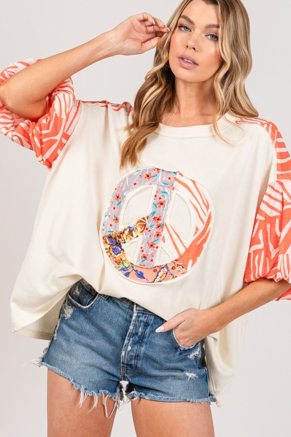 SAGE + FIG Peace Applique Patch with Zebra Print Contrast Top Tops/Jackets/Sweaters Clothing Tops SAGE+FIG Ship from USA TikTok Trendsi USPS Walmart Trendsi https://www.cyberehub.com