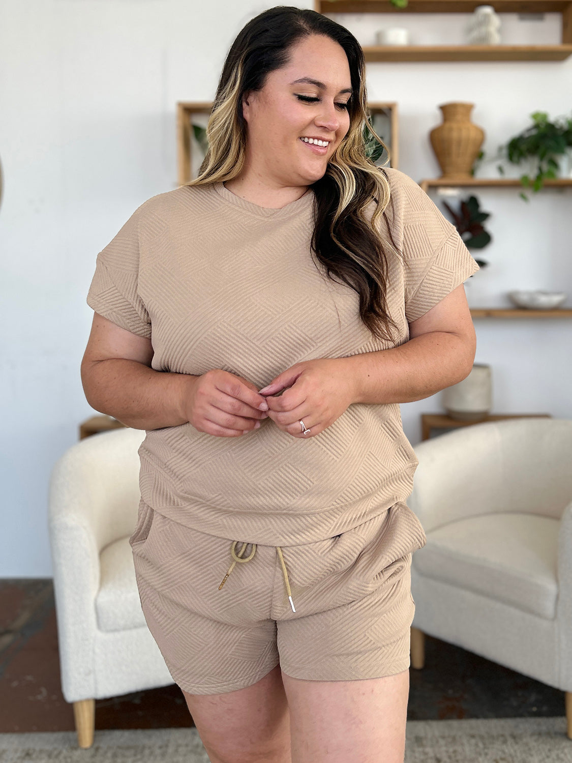 Double Take Full Size Texture Short Sleeve T-Shirt and Drawstring Shorts Set Apparel/Tops Double Take Ship from USA TikTok Tops Trendsi USPS Walmart Walmart Apparel Trendsi https://www.cyberehub.com