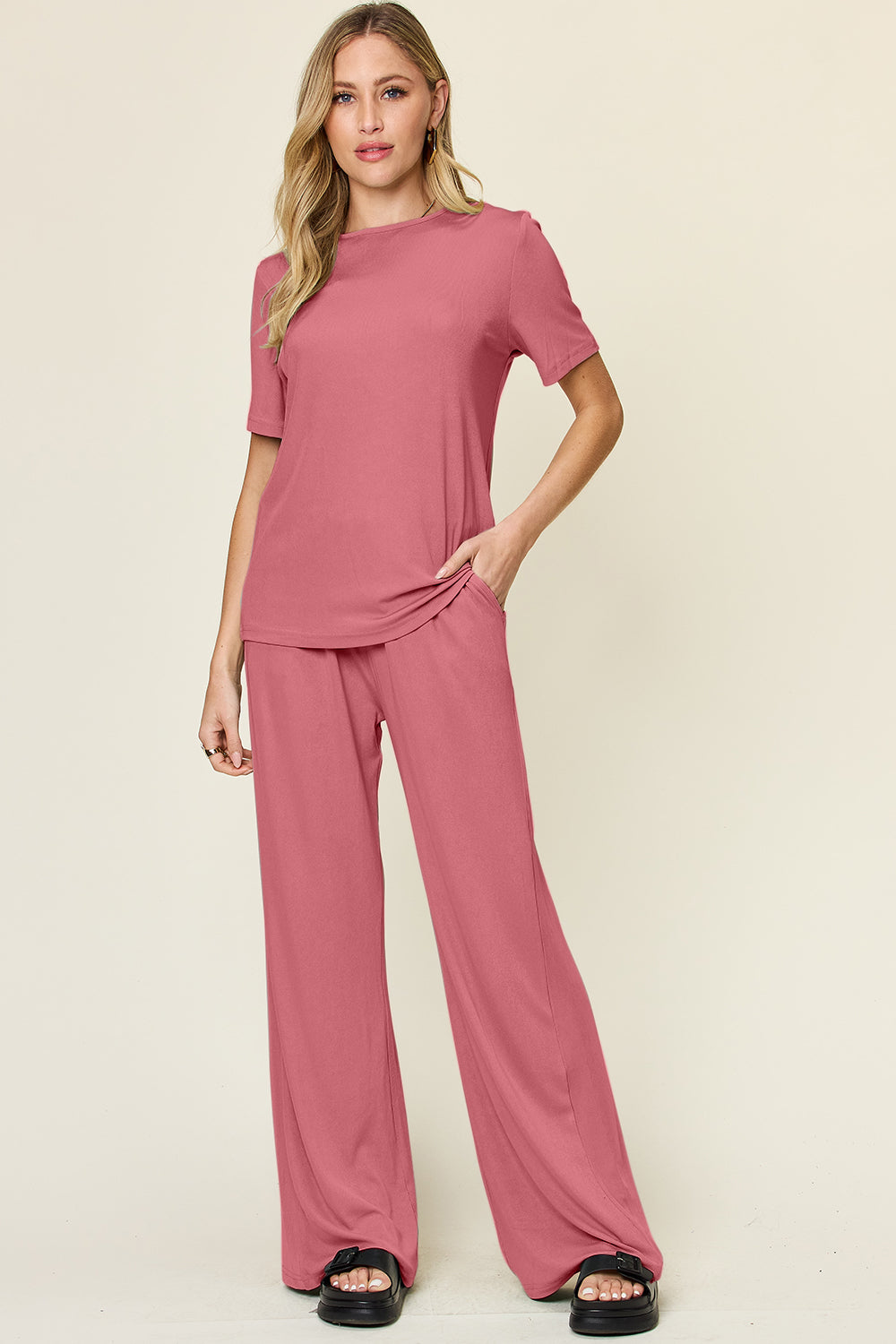 Double Take Full Size Round Neck Short Sleeve T-Shirt and Wide Leg Pants Set Coral Apparel/Tops Double Take Ship from USA TikTok Tops Trendsi USPS Walmart Walmart Apparel Trendsi https://www.cyberehub.com