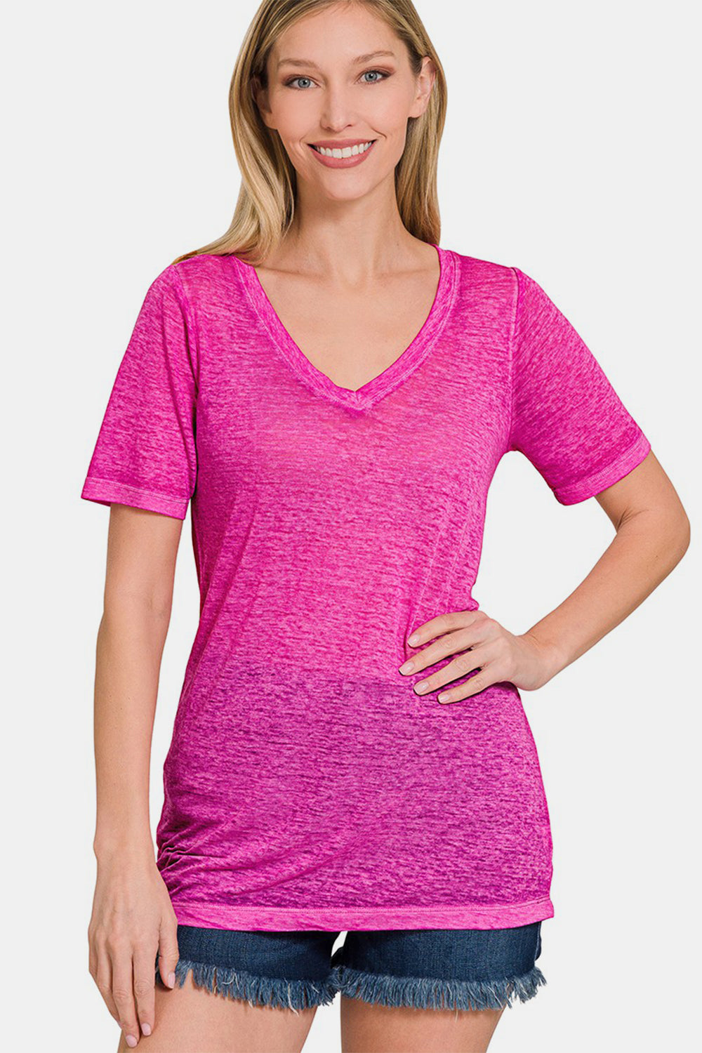 Zenana V-Neck Short Sleeve T-Shirt HOT PINK Apparel/Tops Ship from USA TikTok Tops Trendsi USPS Walmart Walmart Apparel Zenana Trendsi https://www.cyberehub.com