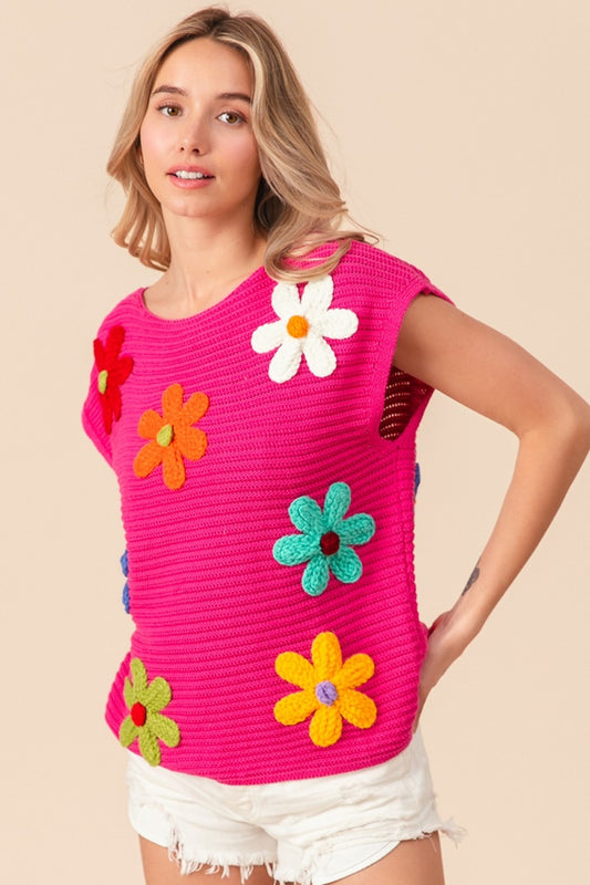 BiBi Flower Round Neck Cap Sleeve Knit Top Shirt Apparel BiBi Clothing Tops Ship from USA Shirts USA Women Trendsi https://www.cyberehub.com