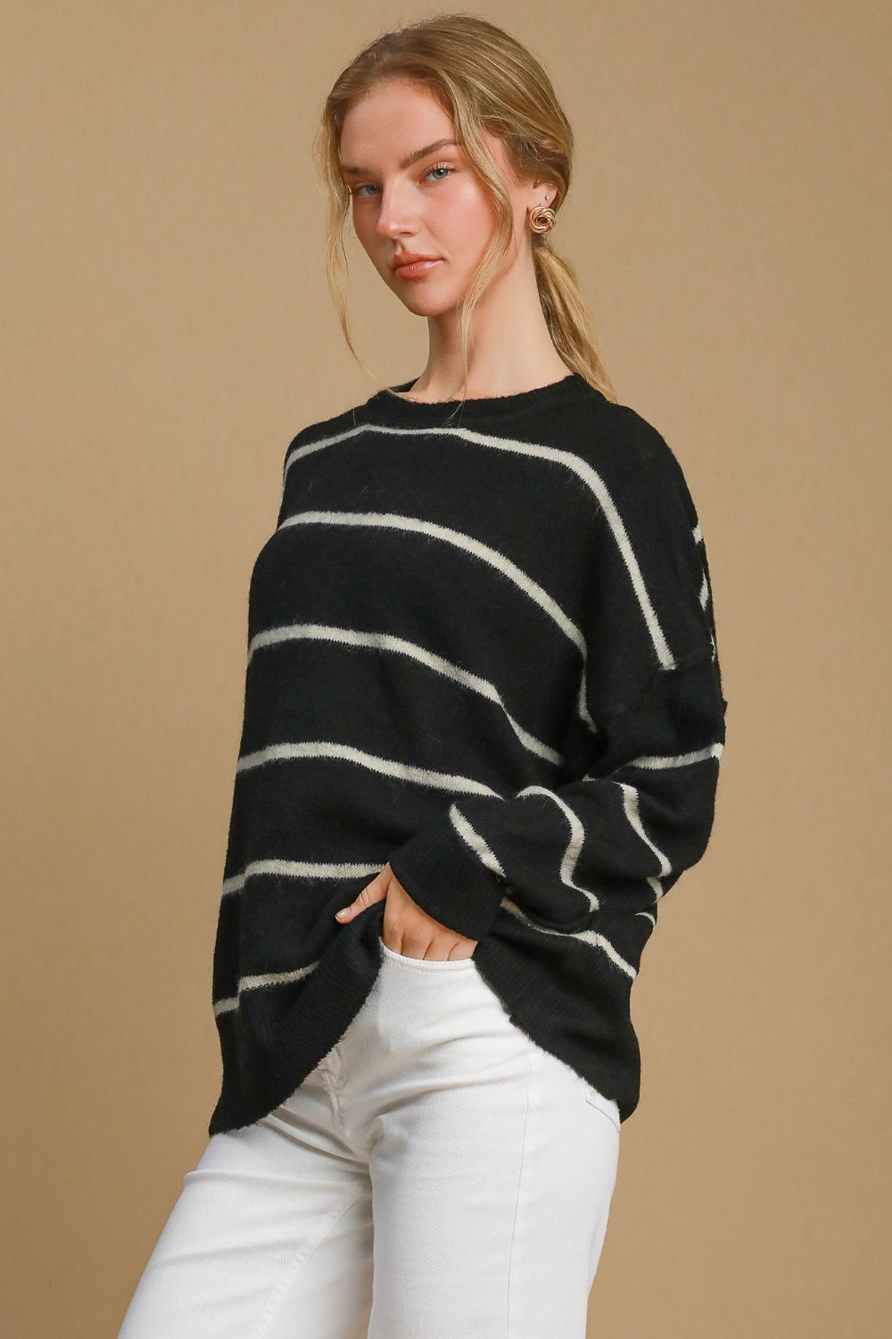Umgee Wool Blend Striped Round Neck Sweater Tops/Jackets/Sweaters Clothing Tops Ship from USA TikTok Trendsi Umgee USA USPS Walmart Trendsi https://www.cyberehub.com
