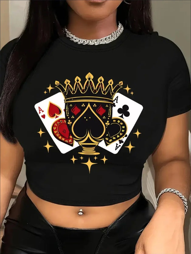 Poker Card Print Crew Neck T-Shirt, Casual Short Sleeve T-Shirt For Spring & Summer, Women's Clothing Black Apparel/Shirt/Graphic Shirt SNULLO https://www.cyberehub.com
