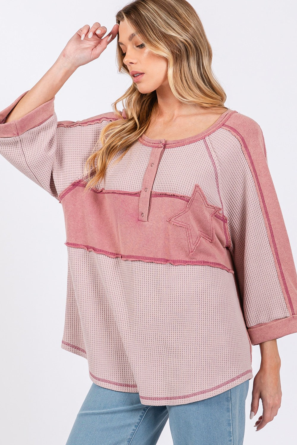 SAGE + FIG Star Applique Patch Exposed Seam Waffle Knit Top Shirt Apparel Clothing Tops SAGE+FIG Ship from USA Shirts USA Women Trendsi https://www.cyberehub.com