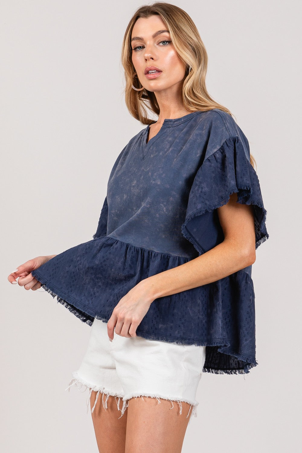 SAGE + FIG Ruffle Sleeve Washed Short Sleeve Blouse Apparel/Tops SAGE+FIG Ship from USA TikTok Tops Trendsi USPS Walmart Walmart Apparel Trendsi https://www.cyberehub.com