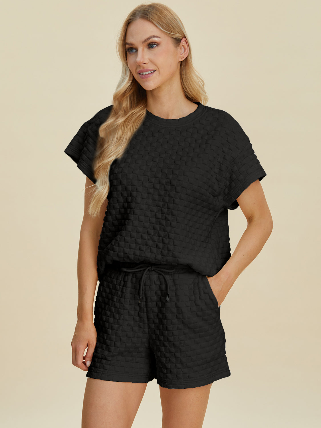 Double Take Full Size Texture T-Shirt and Shorts Set Black Tops/Jackets/Sweaters Clothing Tops Double Take Ship from USA TikTok Trendsi USPS Walmart Trendsi https://www.cyberehub.com